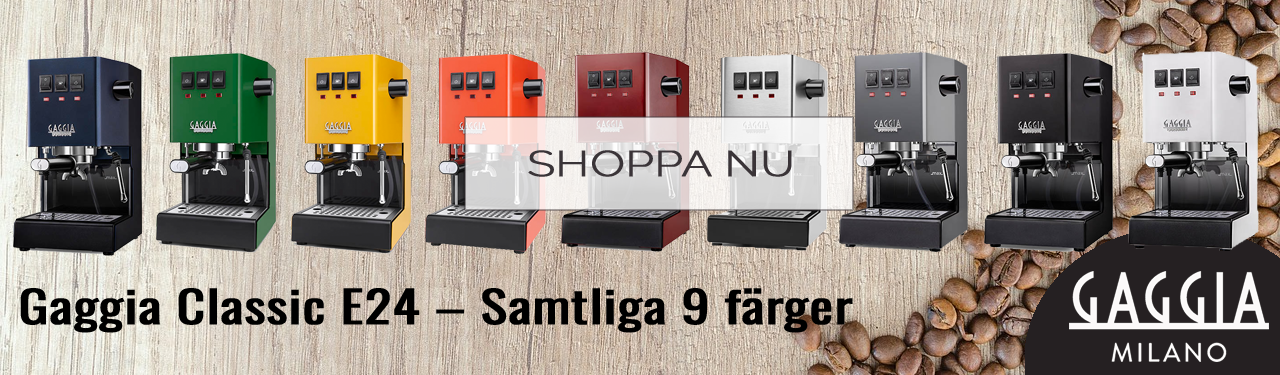 Gaggia Classic E24 – KaffePrinsen.se har alla färger på marknaden – Classic Blue, Sunshine Yellow, Industrial Grey, Lobster Red/Cherry Red, SS – Stainless Steel, Thunder Black, Polar White, Jungle Green och Orange
