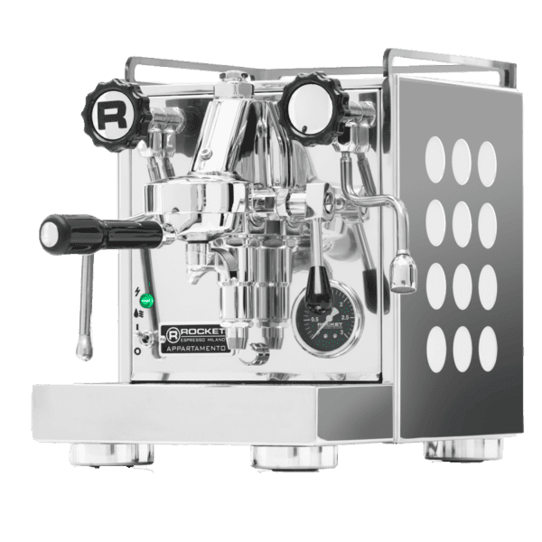 Rocket Appartamento – Espressomaskin – Krom/Vit – Snett framifrån