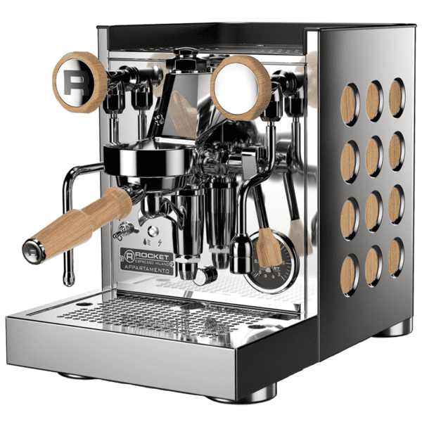 Espressomaskin – Krom/Wood – Reglage och sidopaneler i massivt ekträ