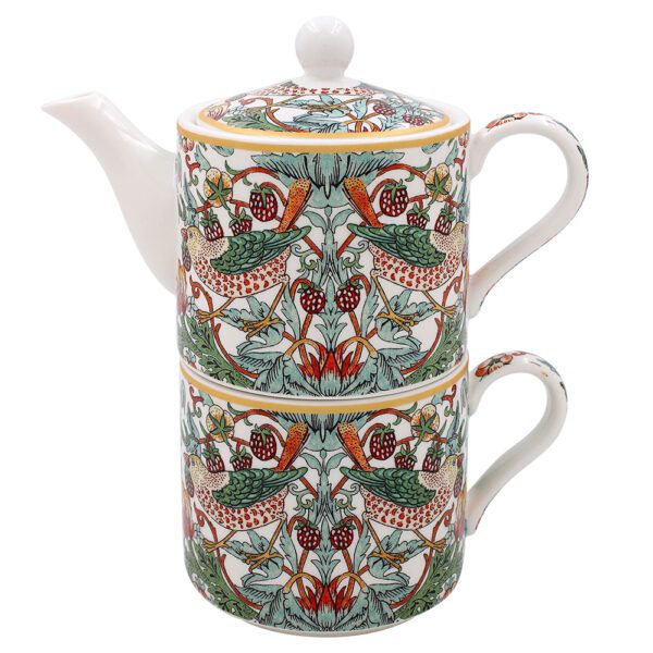 William Morris White Strawberry Thief Tea for one – Tekanna och kopp i ett – I porslin