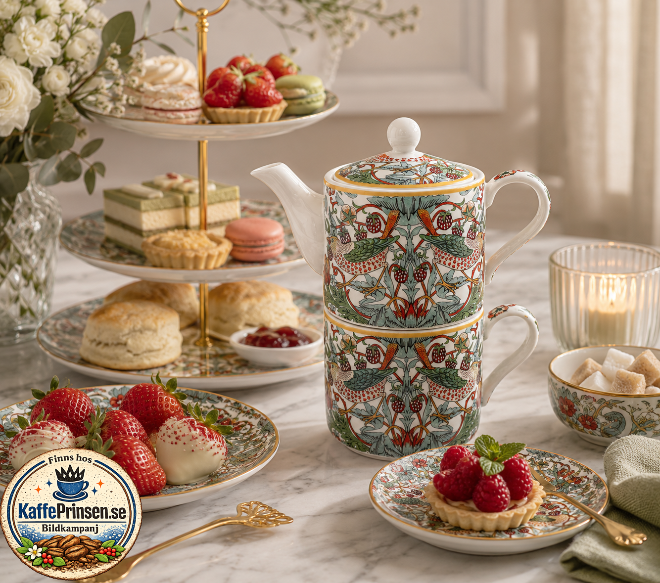 William Morris White Strawberry Thief Tea for one – Tekanna och kopp i porslin