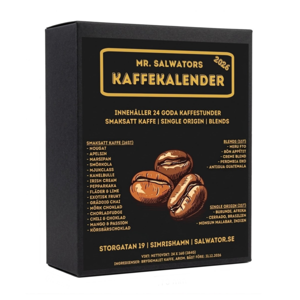 Kaffekalender 2026 från Mr. Salwator med 24 numrerade påsar bryggmalet kaffe, smaksatt kaffe, blandningar och single origin
