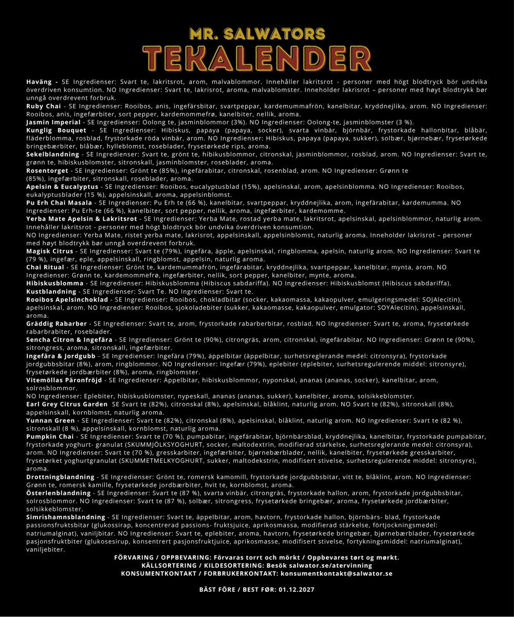 Mr. Salwator Tekalender 2026 – adventskalender med 24 sorters löste