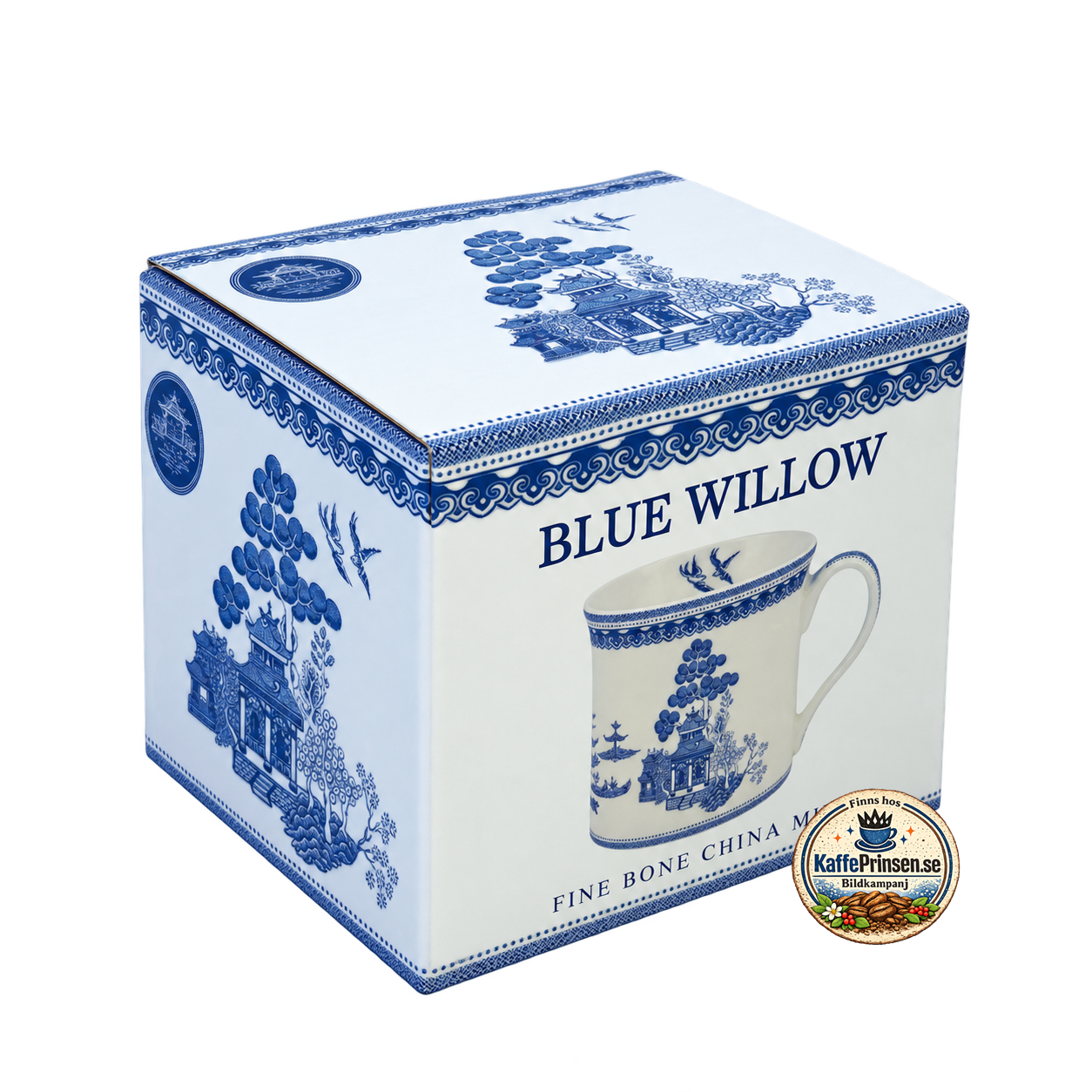 Blue Willow palacemugg med blåvitt motiv i tunt benporslin i fin presentförpackning