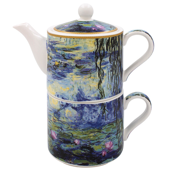 Claude Monet tea for one-set i fint porslin med staplad tekanna på 0,6 liter och mugg