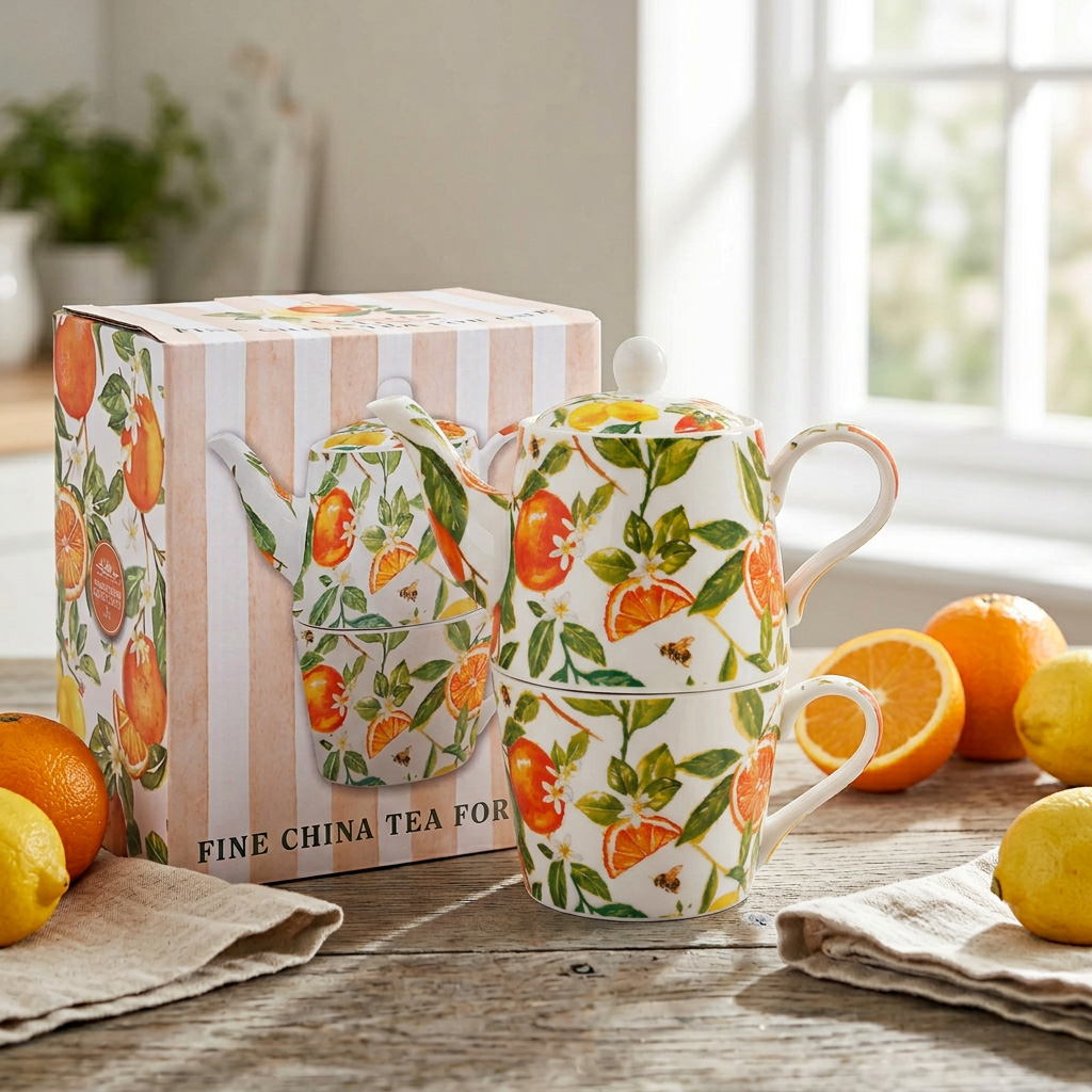 Oranges & Lemons tea for one-set i fint porslin med staplad tekanna på 0,6 liter och mugg med citrusmotiv