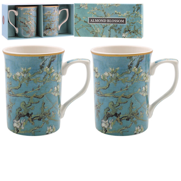 The Leonardo Collection Almond Blossom castlemuggar i fint porslin med van Goghs mandelblom, tvåpack med matchande presentkartong