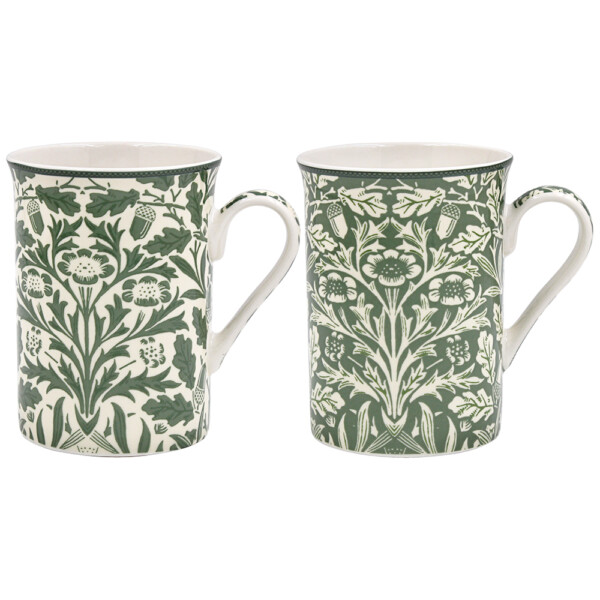 William Morris Acorn castlemuggar i fint porslin i omvända färger, grönt på vitt och vitt på grönt