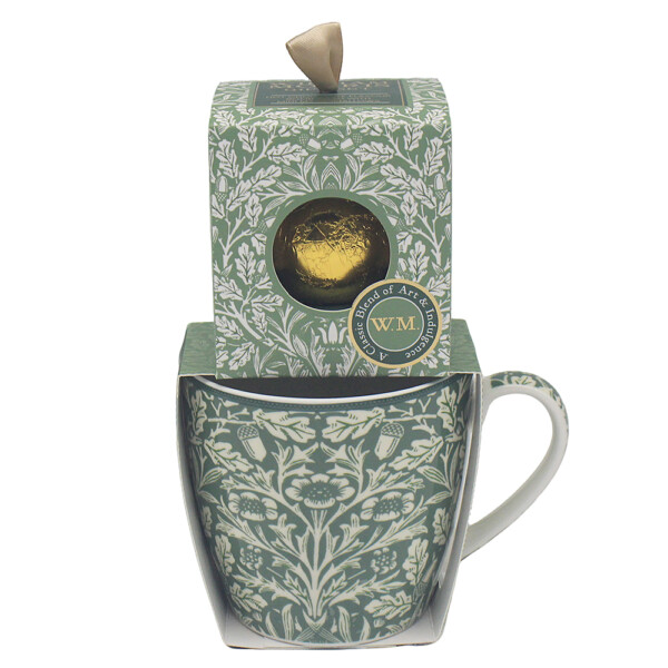 William Morris Acorn frukostmugg i fint porslin med ekollon och eklöv, chokladbomb med minimarshmallows i presentförpackning