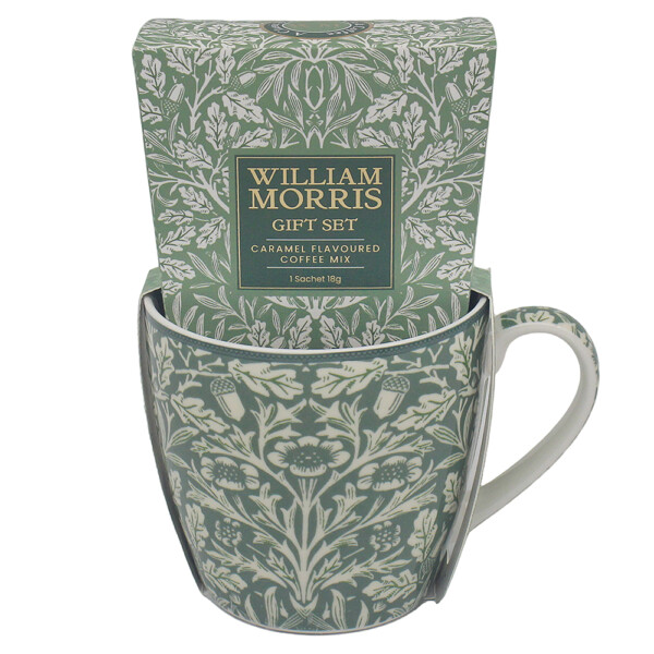 William Morris Acorn frukostmugg i fint porslin med stiliserade ekollon och eklöv, kaffepresent med paket kaffe med karamellsmak i presentförpackning