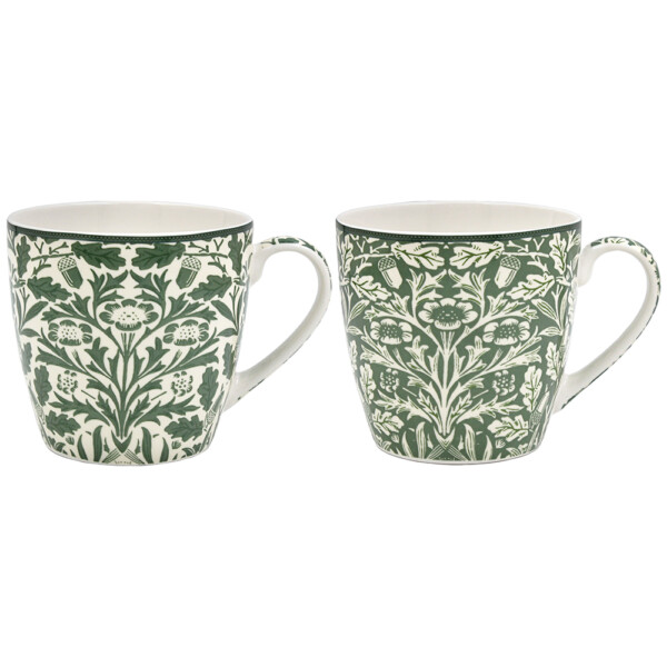 William Morris Acorn frukostmuggar i fint porslin i omvända färger, grönt på vitt och vitt på grönt