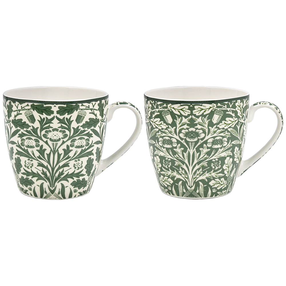 William Morris Acorn frukostmuggar i fint porslin i omvända färger, grönt på vitt och vitt på grönt