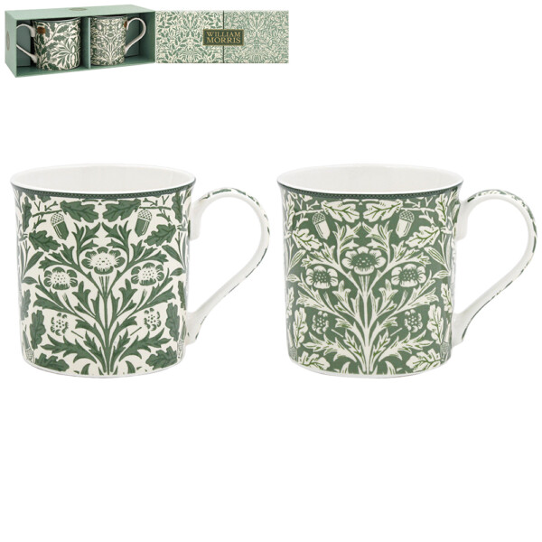 William Morris Acorn palacemuggar i fint porslin i omvända färger, grönt och vitt, i presentkartong med matchande mönster
