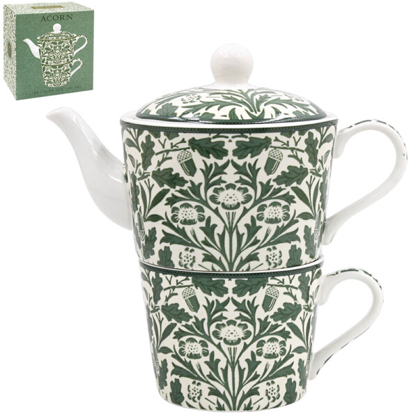 William Morris Acorn tea for one-set i fint porslin med staplad tekanna på 0,6 liter och mugg med ekollon