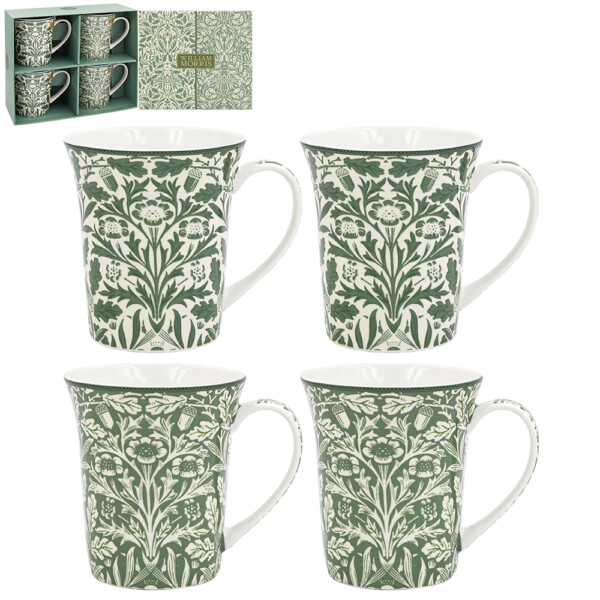 William Morris Acorn trumpetmuggar i fint porslin, fyra muggar i grönt och vitt i gemensam presentkartong