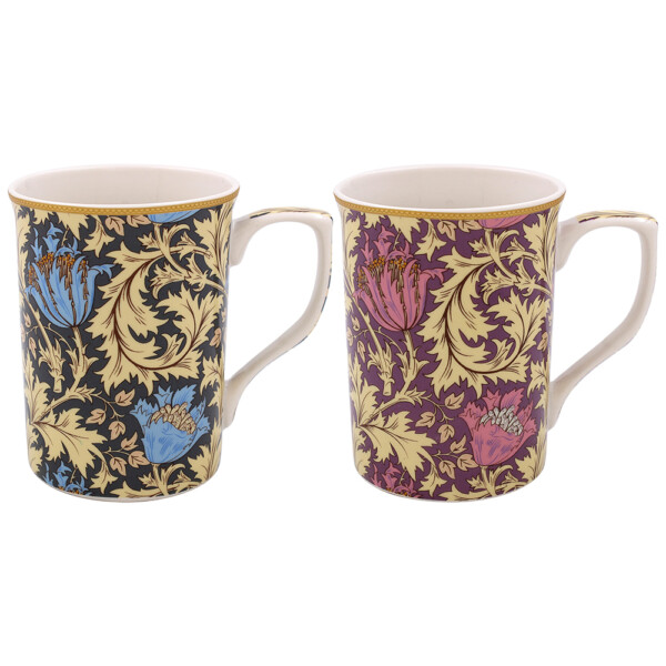 William Morris Anemone castlemuggar i fint porslin, höga och smala med knyckt handtag, tvåpack med matchande presentkartong