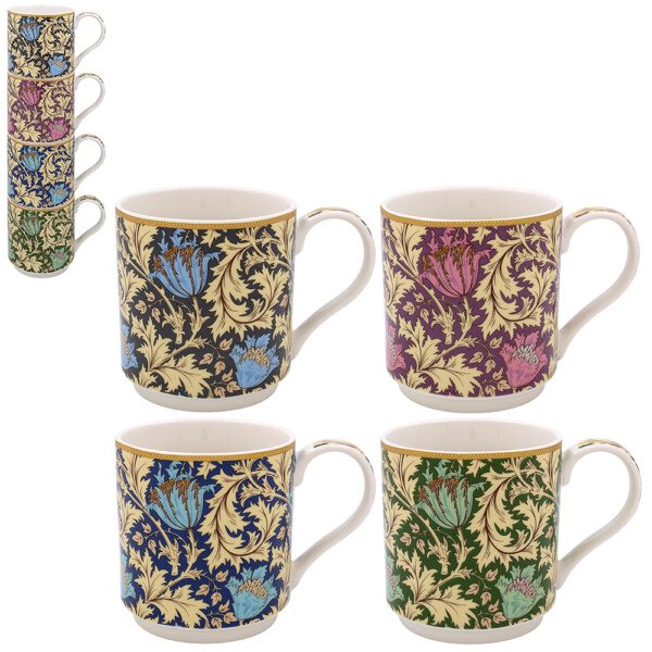 William Morris Anemone stapelbara muggar i fint porslin med anemonmönster, fyrpack med matchande presentkartong