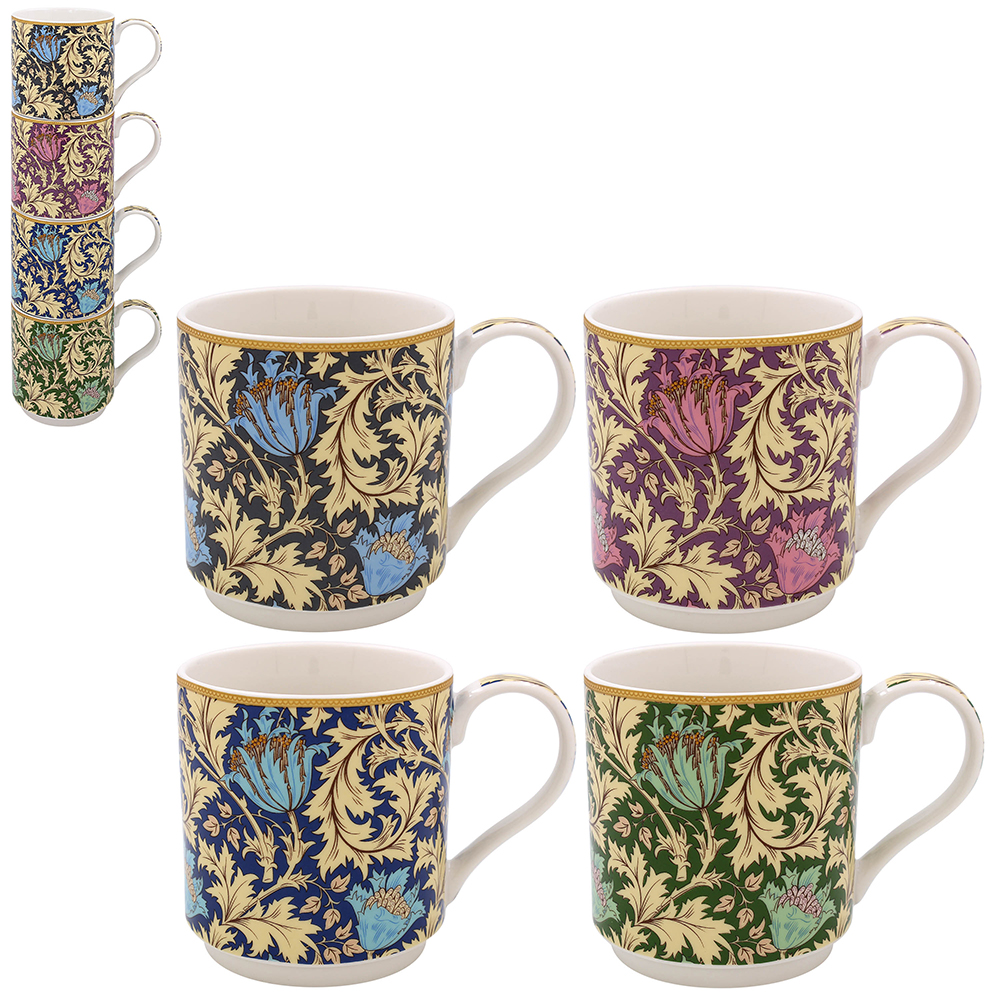 William Morris Anemone stapelbara muggar i fint porslin med anemonmönster, fyrpack med matchande presentkartong