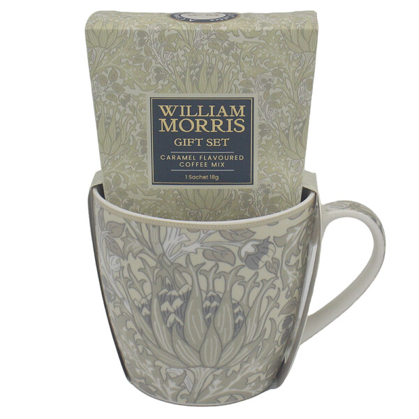 William Morris Artichoke frukostmugg i fint porslin med kronärtskockor och bladverk, presentset med paket kaffe med karamellsmak