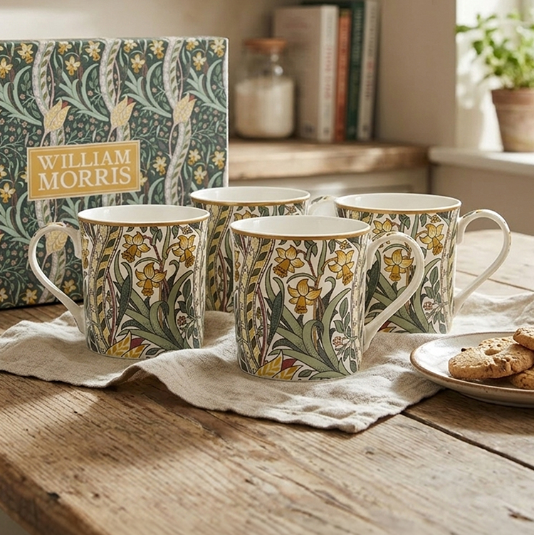 William Morris Daffodil palacemuggar i fint porslin, fyrpack om 3 dl med matchande presentkartong