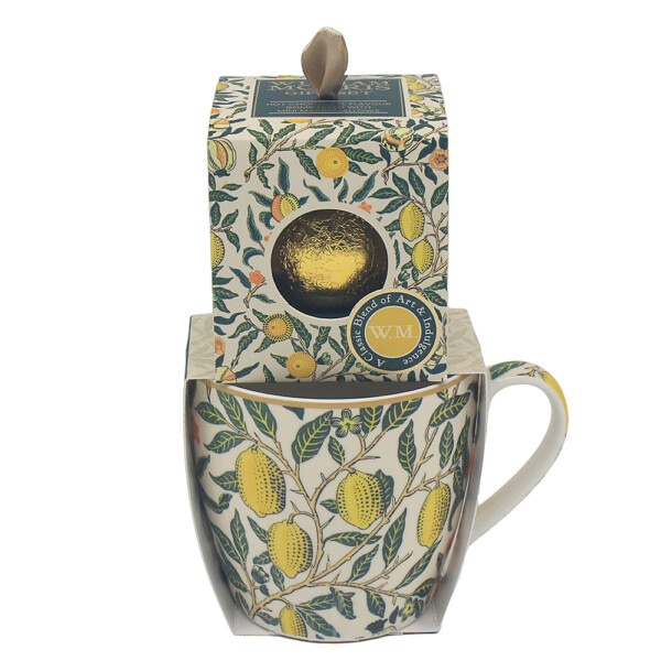 William Morris Fruit frukostmugg i fint porslin med granatäpplen och citrusfrukter, chokladbomb med minimarshmallows i presentförpackning