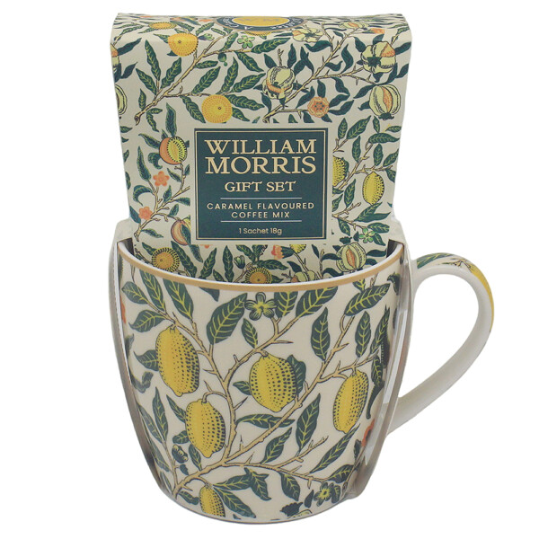 William Morris Fruit frukostmugg i fint porslin med granatäpplen och citrusfrukter, kaffepresent med paket kaffe med karamellsmak i presentförpackning