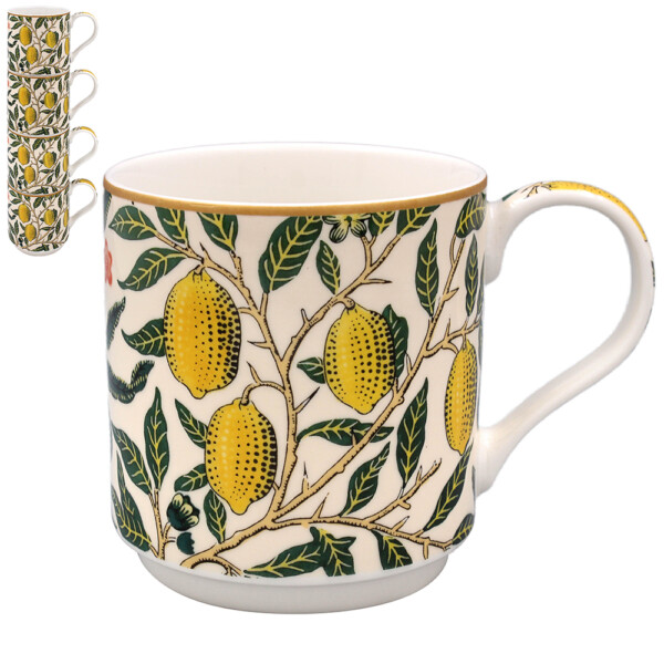William Morris Fruit stapelbara muggar i fint porslin, fyrpack med matchande presentkartong