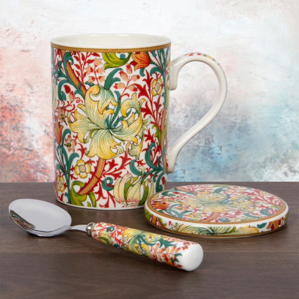 William Morris Golden Lily presentset med mugg, underlägg i glas och sked i presentförpackning