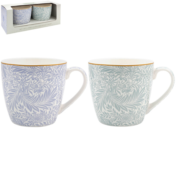 William Morris Larkspur frukostmuggar i fint porslin i två färgställningar med matchande presentkartong