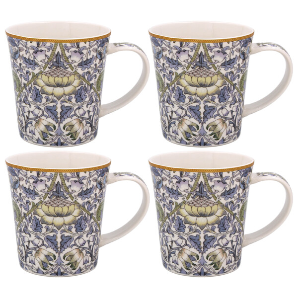 William Morris Lodden koniska muggar i fint porslin, fyrpack om 30 cl med matchande presentkartong
