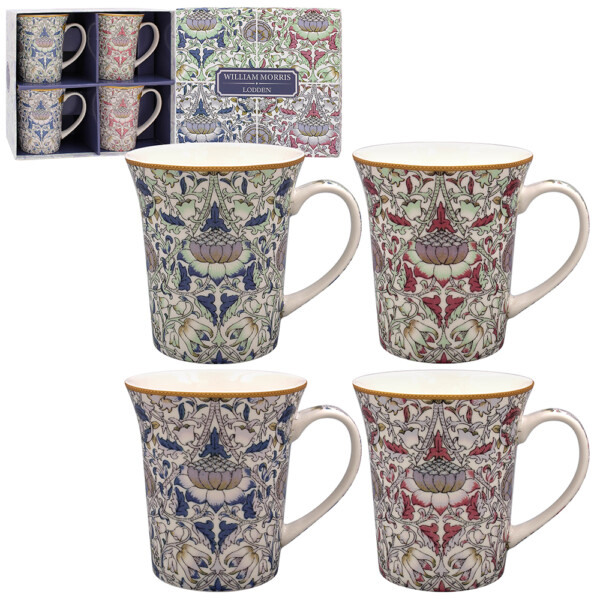William Morris Lodden Lustre trumpetmuggar i fint porslin med skimrande yta, fyrpack med matchande presentkartong