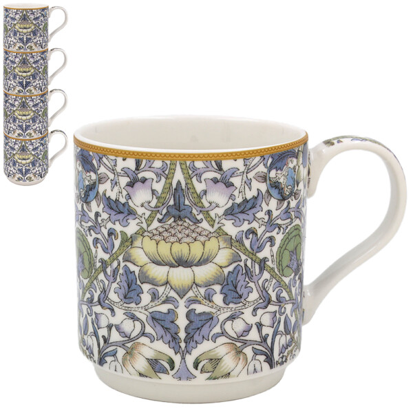 William Morris Lodden stapelbara muggar i fint porslin, fyrpack med matchande presentkartong