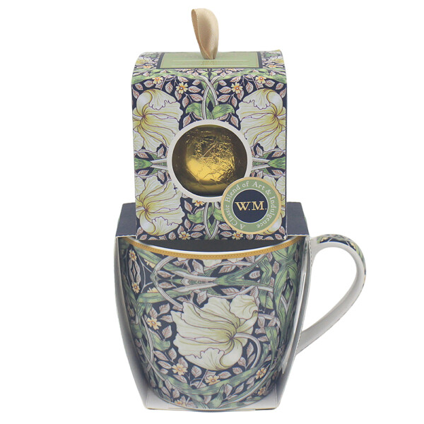 William Morris Pimpernel frukostmugg i fint porslin med chokladbomb fylld med minimarshmallows i presentförpackning