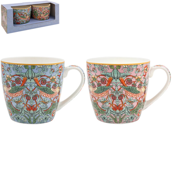 William Morris Strawberry Thief frukostmuggar i fint porslin, tvåpack i två färgställningar med matchande presentkartong