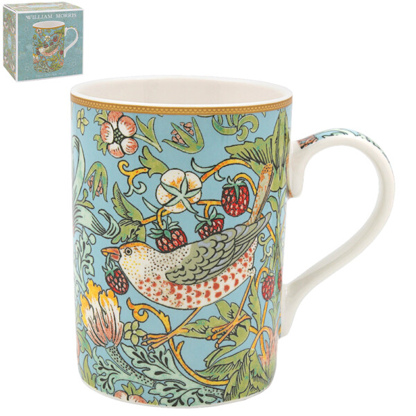 William Morris Teal Strawberry Thief mugg i fint porslin med trastar och jordgubbar i blågrönt