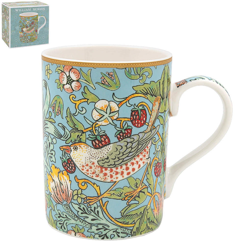 William Morris Teal Strawberry Thief mugg i fint porslin med trastar och jordgubbar i blågrönt