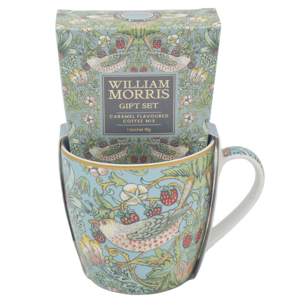 William Morris Teal Strawberry Thief – Presentset med frukostmugg på 0,48 liter i porslin och ett paket kaffe