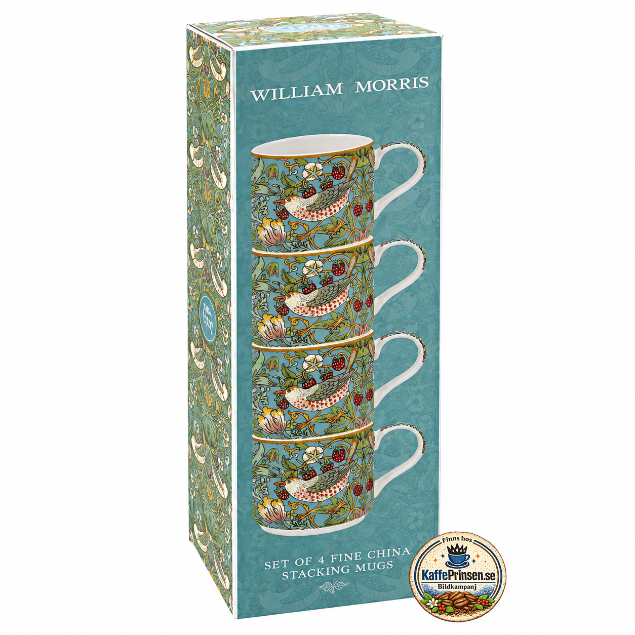 William Morris Teal Strawberry Thief – Stapelbara muggar i presentförpackning – 4-pack