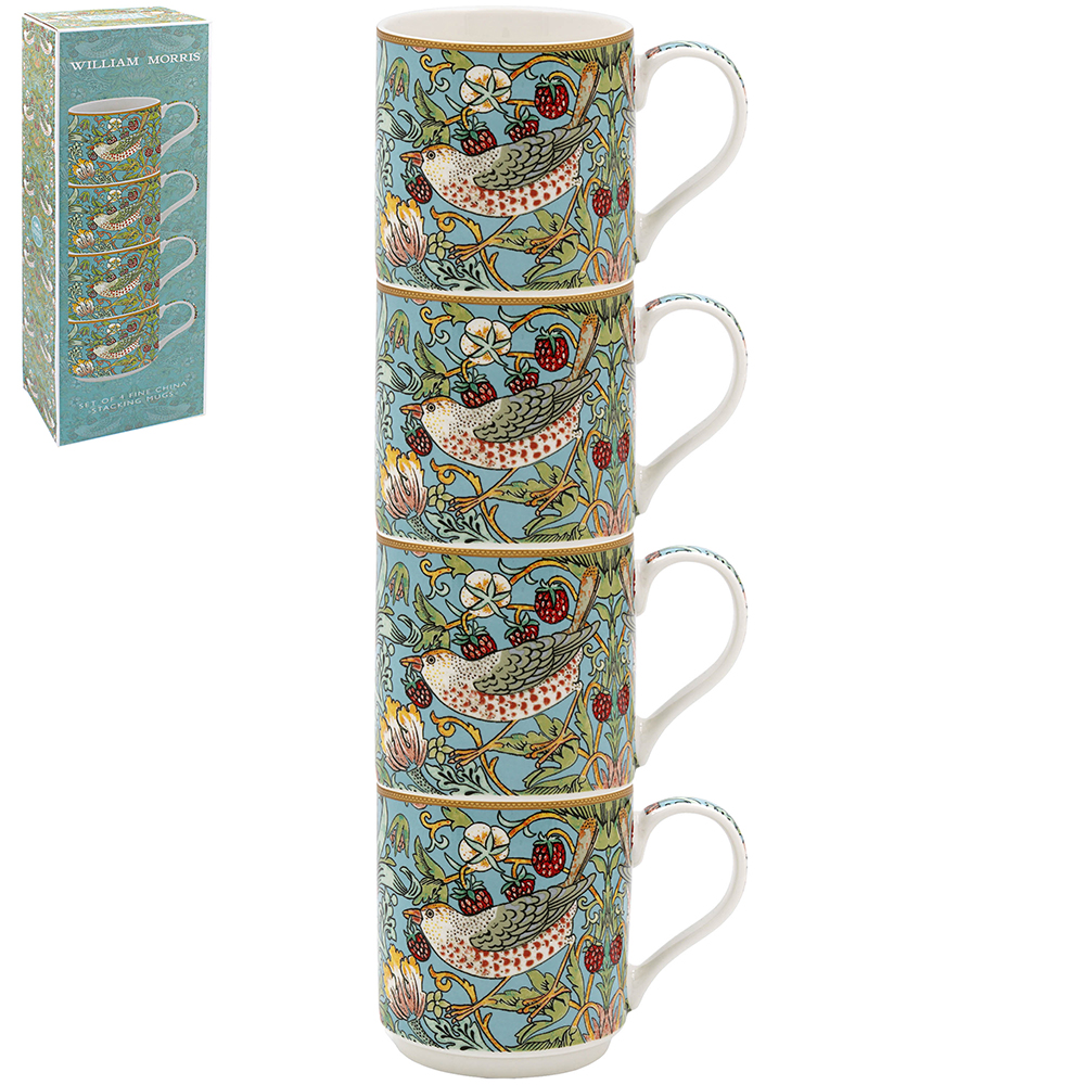 William Morris Teal Strawberry Thief stapelbara muggar i fint porslin, fyrpack med matchande presentkartong