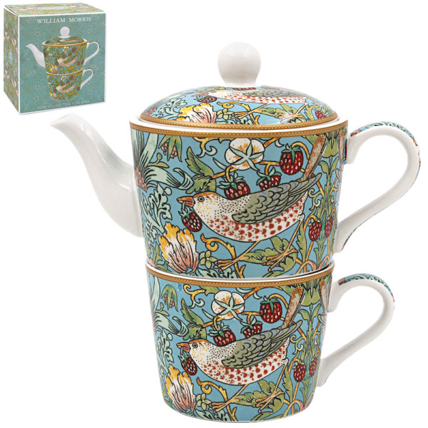 William Morris Teal Strawberry Thief – Tea for one-set i porslin med staplad tekanna på 0,6 liter och mugg på 0,3 liter