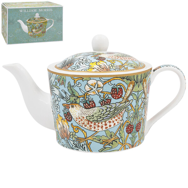 William Morris Teal Strawberry Thief – Tekanna i fint porslin på 0,75 liter med mönstret från 1883