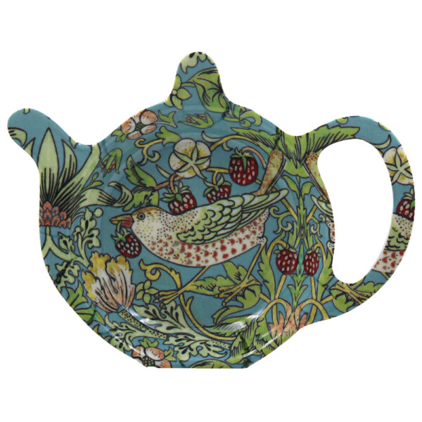 Tepåsfat i melamin med William Morris Teal Strawberry Thief från 1883. Tar hand om den använda tepåsen och tål daglig hantering.