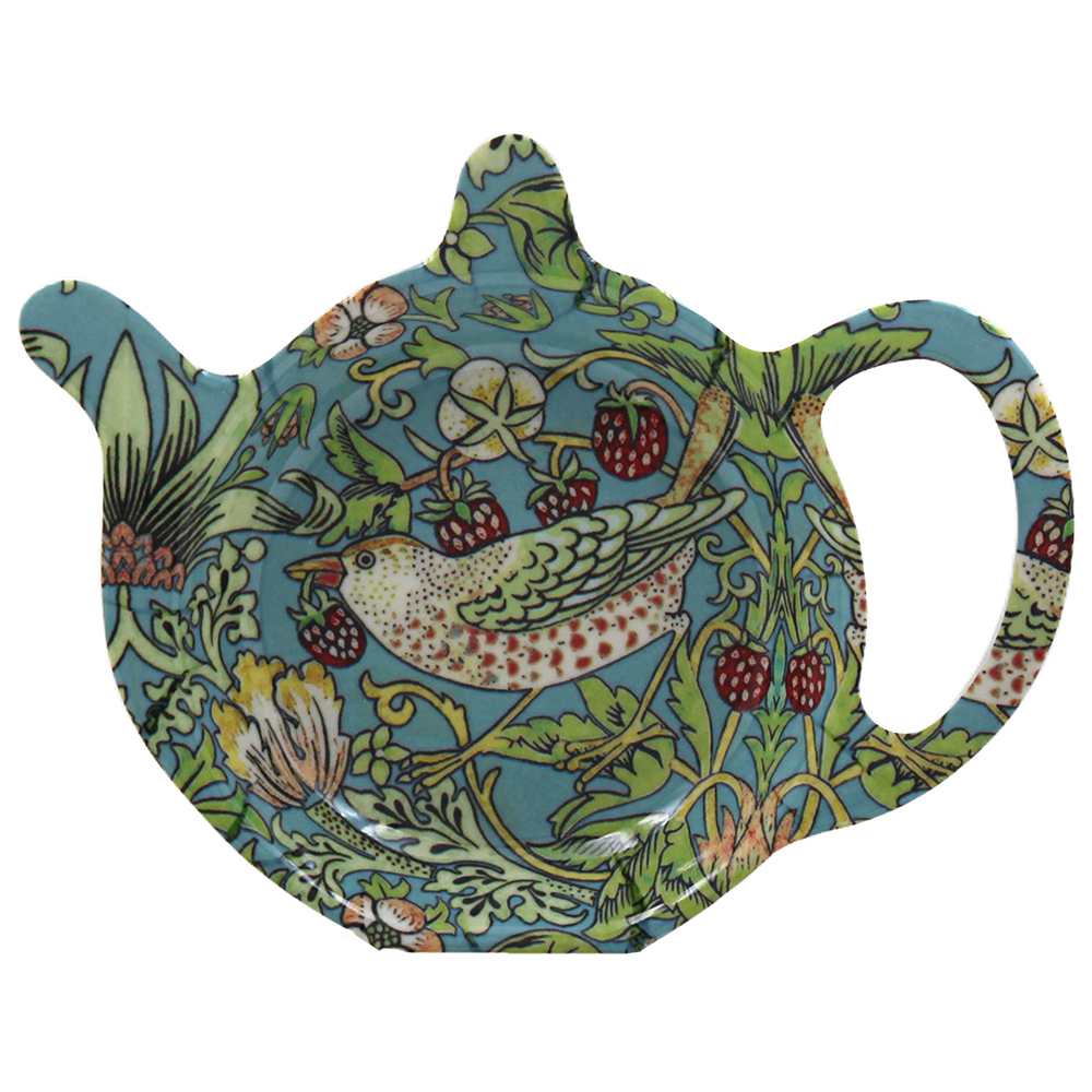 Tepåsfat i melamin med William Morris Teal Strawberry Thief från 1883. Tar hand om den använda tepåsen och tål daglig hantering.